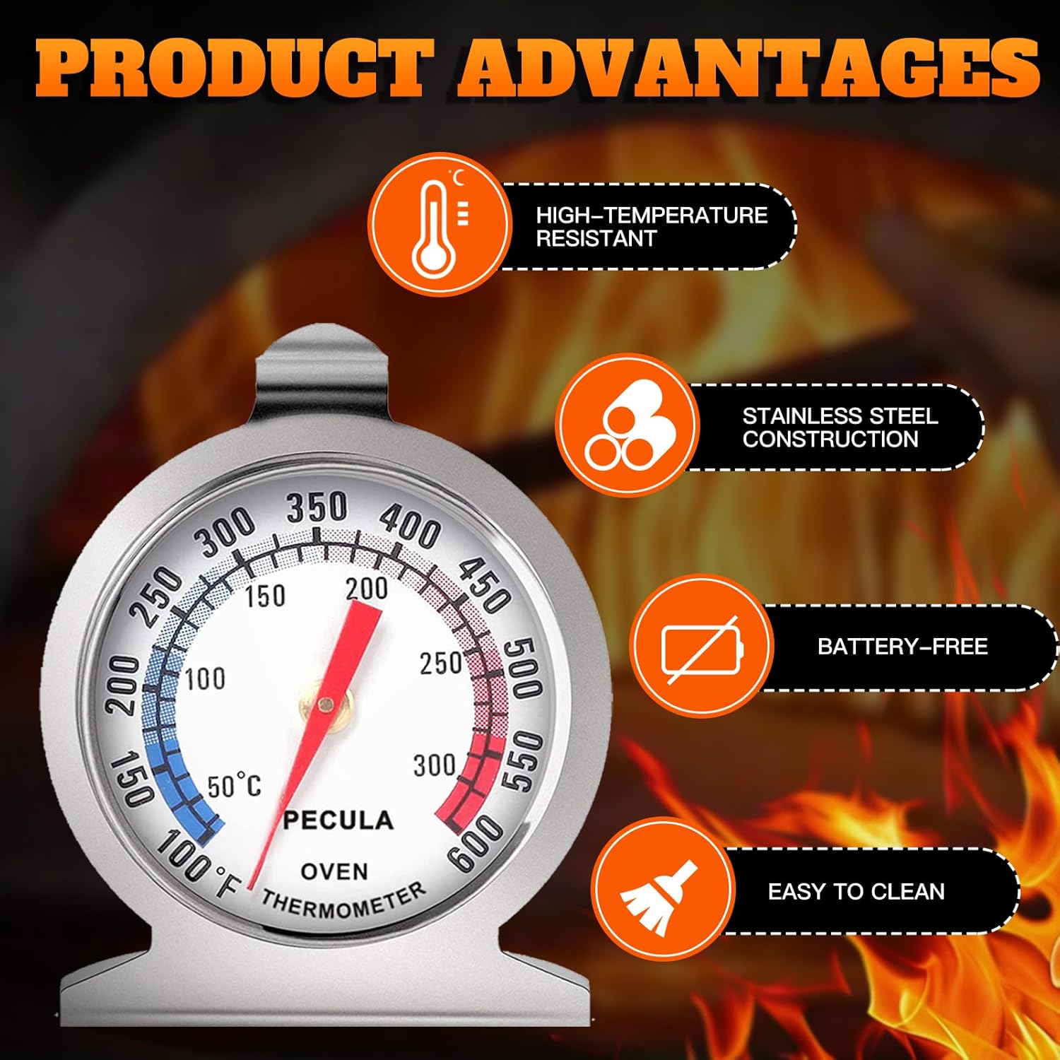 Stainless Steel Oven Thermometer 50-300°C/100-600°F, Analog Instant Read, Battery-Free Kitchen Cooking Thermometer, Hook & Stand Design Food Thermometer for Oven, Grill, Smoker, Fryer